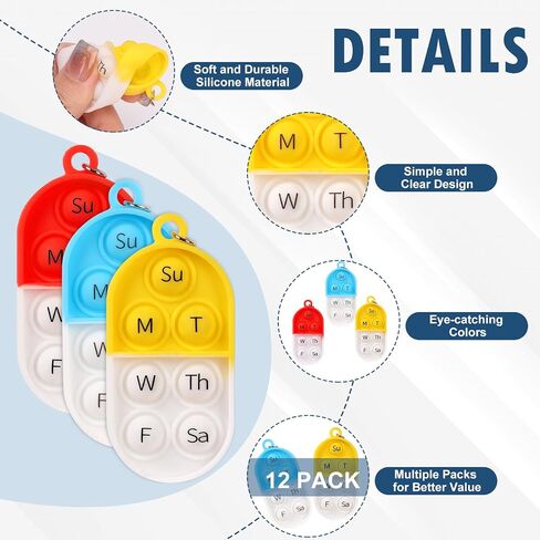 3 Pack Pill Reminder Medication Pill Tracker Bottle with Ties Reusable Daily Medication Tracker Portable with Button 7 Day Memory Aid Medication Dose Silicon for The Elderly Red Yellow Blue(3) in Kuwait