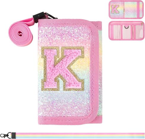 Girls Wallets for Kids 2 3 4 5 6 7 8 9 10 Year Old, Personalized Initial Purse for Teen Girls, Small Cute Letter Trifold Wallet Rainbow Glitter Toddler Coin Pocket with Magic Sticker Gifts(Pink-P) in Kuwait