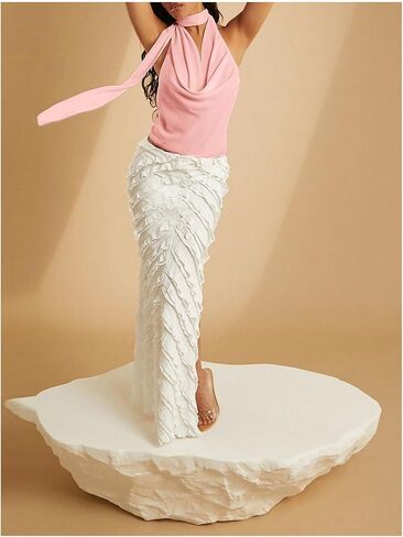 SOLY HUX Women's Sexy Deep V Neck Halter Tops Y2K Cowl Neck Backless Chiffon Summer Crop Top for Going Out Clubwear in Kuwait