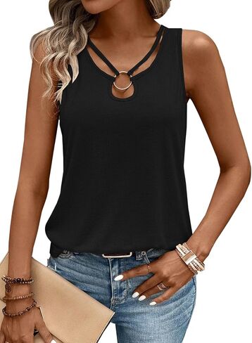 LOLONG Womens Tank Tops Summer Sleeveless Ribbed Knit Sexy Shirts Casual Cut Out Ring Keyhole Neck Tanks in Saudi Arabia