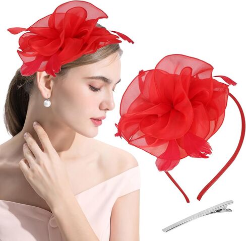 Fascinators Hat Flower Mesh Multi Color Feathers Ribbons on Headband and Clip Tea Party Headwear for Girls and Women in Kuwait