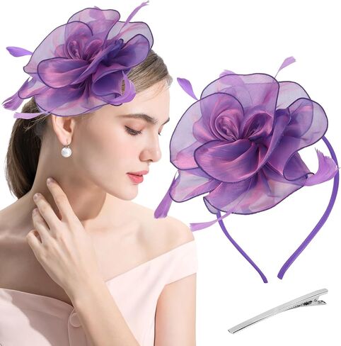 Fascinators Hat Flower Mesh Multi Color Feathers Ribbons on Headband and Clip Tea Party Headwear for Girls and Women in Kuwait