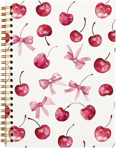 Trendy Coquette Pink Bow Cherry Notebook, Preppy Aesthetic Journal Notebook for Note Taking Work, Coquette School Supplies, College Ruled Hardcover Spiral Notebook 5.5 x 8.3 in Kuwait