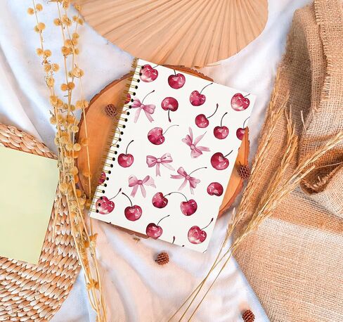 Trendy Coquette Pink Bow Cherry Notebook, Preppy Aesthetic Journal Notebook for Note Taking Work, Coquette School Supplies, College Ruled Hardcover Spiral Notebook 5.5 x 8.3 in Kuwait