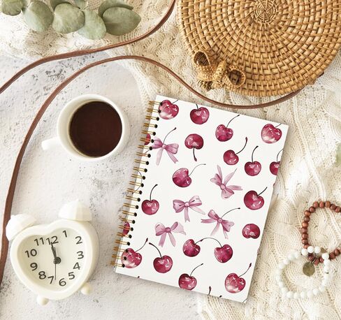 Trendy Coquette Pink Bow Cherry Notebook, Preppy Aesthetic Journal Notebook for Note Taking Work, Coquette School Supplies, College Ruled Hardcover Spiral Notebook 5.5 x 8.3 in Kuwait