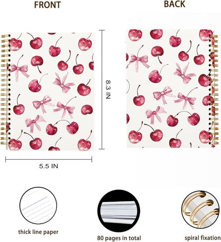 Trendy Coquette Pink Bow Cherry Notebook, Preppy Aesthetic Journal Notebook for Note Taking Work, Coquette School Supplies, College Ruled Hardcover Spiral Notebook 5.5 x 8.3 in Kuwait