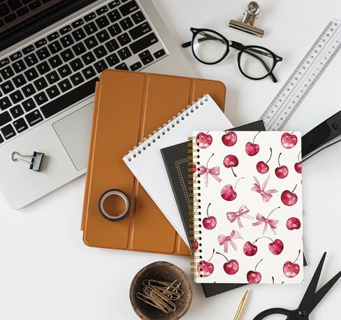 Trendy Coquette Pink Bow Cherry Notebook, Preppy Aesthetic Journal Notebook for Note Taking Work, Coquette School Supplies, College Ruled Hardcover Spiral Notebook 5.5 x 8.3 in Kuwait