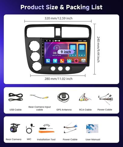 8 Core 4G+64G لسيارة Honda Civic 2001-2005 راديو ستيريو مع CarPlay لاسلكي/Android Auto/MirrorLink/9 بوصة 1280 * 720P IPS لمس/BT 5.0/GPS/FM/RDS/WiFi/4G/DSP/46EQ/AHD Backup آلة تصوير in Kuwait