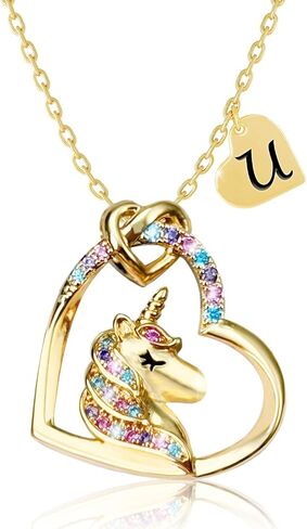 Valentines Day Gifts - Unicorn Necklace Gifts for Girls, Gold CZ Heart Unicorn Jewelry Initial Girls Birthday Colorful Heart Necklace Birthday present in Kuwait