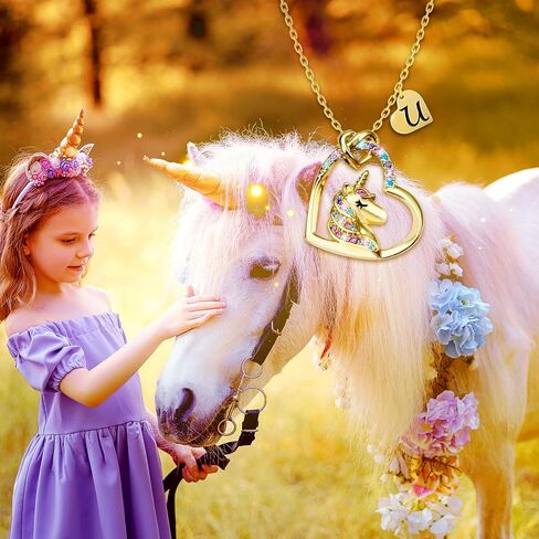 Valentines Day Gifts - Unicorn Necklace Gifts for Girls, Gold CZ Heart Unicorn Jewelry Initial Girls Birthday Colorful Heart Necklace Birthday present in Kuwait