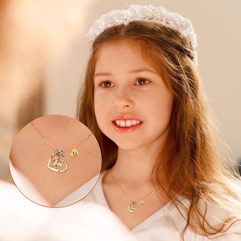Valentines Day Gifts - Unicorn Necklace Gifts for Girls, Gold CZ Heart Unicorn Jewelry Initial Girls Birthday Colorful Heart Necklace Birthday present in Kuwait