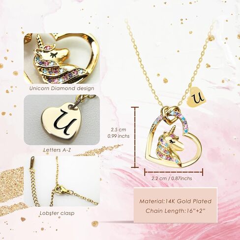 Valentines Day Gifts - Unicorn Necklace Gifts for Girls, Gold CZ Heart Unicorn Jewelry Initial Girls Birthday Colorful Heart Necklace Birthday present in Kuwait