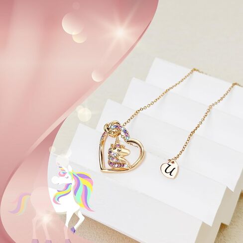 Valentines Day Gifts - Unicorn Necklace Gifts for Girls, Gold CZ Heart Unicorn Jewelry Initial Girls Birthday Colorful Heart Necklace Birthday present in Kuwait