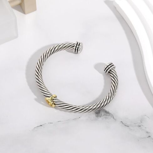 Gold and Silver Cuff Bracelets for Women Two Tone Cable Heart & Letter Designer Dupes Bracelet Mixed Metal Jewelry for Her in Saudi Arabia