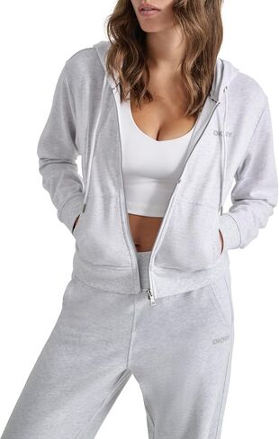 DKNY womens Studded Logo Full Zip Cropped Fleece Hoodi in Kuwait