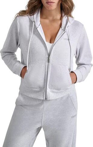 DKNY womens Studded Logo Full Zip Cropped Fleece Hoodi in Kuwait