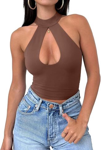 Reoria Women's Sexy Criss Cross Halter Neck Crops Tops العصرية بلا أكمام Y2K Nightout Clubwear Out Out Tops in Kuwait