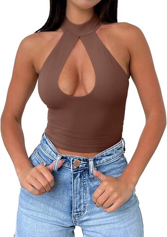 Reoria Women's Sexy Criss Cross Halter Neck Crops Tops العصرية بلا أكمام Y2K Nightout Clubwear Out Out Tops in Kuwait