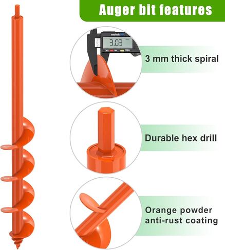 Threaded Auger Drill Bit for Post Hole Digger 4x12'', 3mm Thick Spiral Garden Earth Auger Bulb Drill Bit for Planting, Hole Digger for Fence Posts, Fits 3/8" Hex Drive Drill in Kuwait