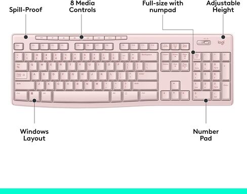 مجموعة لوحة مفاتيح وماوس لاسلكية من لوجيتك MK270 لنظام التشغيل Windows، 2.4 جيجا هرتز لاسلكي، ماوس صغير الحجم، 8 مفاتيح للوسائط المتعددة والاختصارات، عمر بطارية لمدة عامين، للكمبيوتر الشخصي والكمبيوتر المحمول - وردي in Saudi Arabia