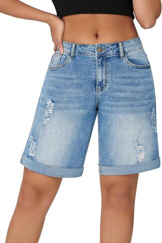 roswear Women’s Wide Leg Bermuda Shorts High Waisted Stretchy Distressed Baggy Denim Jean Shorts in Saudi Arabia