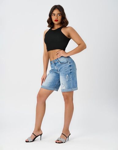 roswear Women’s Wide Leg Bermuda Shorts High Waisted Stretchy Distressed Baggy Denim Jean Shorts in Saudi Arabia