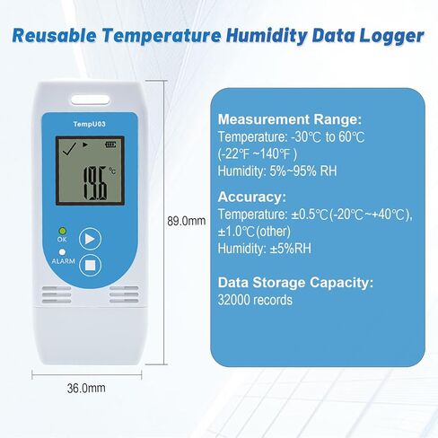 Tzone USB Temperature Data Logger Digital Temp Recorder Reusable,Industrial Thermometer Logger 32000 Points with Auto PDF/CSV Reports No Software Required,for Refrigerator Food Storage Lab Freezer in Kuwait