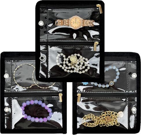 Travel Jewelry Organizer Case,Jewelry Bags for Traveling, Jewelry Binder with 24 Pcs Clear Zipper Velvet Pouches for Storing Earrings, Rings, Necklace, Bracelet, Watch (Black) in Kuwait