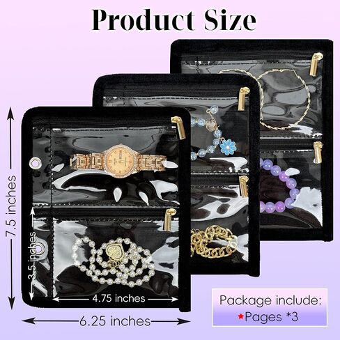 Travel Jewelry Organizer Case,Jewelry Bags for Traveling, Jewelry Binder with 24 Pcs Clear Zipper Velvet Pouches for Storing Earrings, Rings, Necklace, Bracelet, Watch (Black) in Kuwait