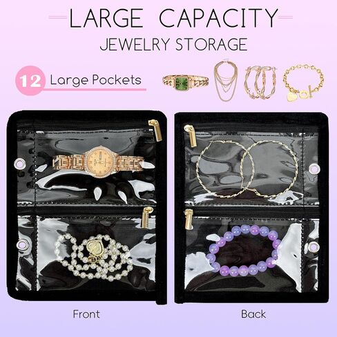 Travel Jewelry Organizer Case,Jewelry Bags for Traveling, Jewelry Binder with 24 Pcs Clear Zipper Velvet Pouches for Storing Earrings, Rings, Necklace, Bracelet, Watch (Black) in Kuwait