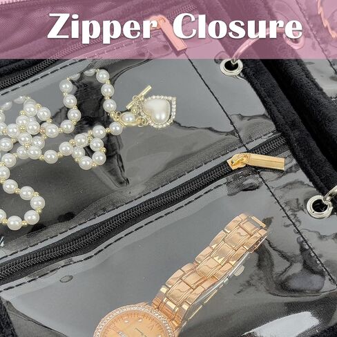 Travel Jewelry Organizer Case,Jewelry Bags for Traveling, Jewelry Binder with 24 Pcs Clear Zipper Velvet Pouches for Storing Earrings, Rings, Necklace, Bracelet, Watch (Black) in Kuwait