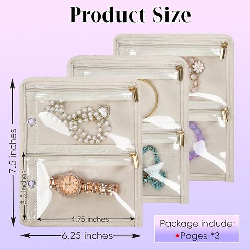 Travel Jewelry Organizer Case,Jewelry Bags for Traveling, Jewelry Binder with 24 Pcs Clear Zipper Velvet Pouches for Storing Earrings, Rings, Necklace, Bracelet, Watch (Black) in Kuwait