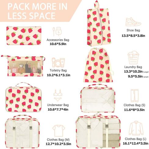 KPX 8 Set Packing Cubes for Travel, Luggage Packing Organizers Accessories Large Toiletries Bag for Clothes Shoes Cosmetics (Strawberry) in Saudi Arabia
