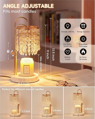 Candle Warmer Lamp with Timer Dimmer and 3 Bulbs, Candle Lamp Warmer with Marble Base for Adjustable Height, Crystal Candle Lamp for Jar Candles, House Warming Gifts Home Room Decor, Silver in Saudi Arabia