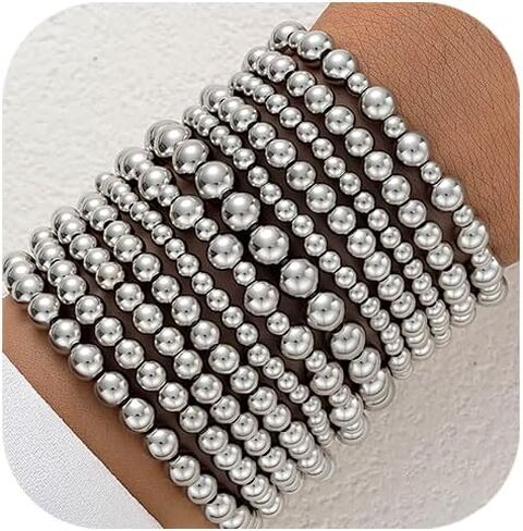 FANDY Silver Beaded Bracelets Set for Women, 3-12Pcs Boho Trendy Simple Stretch Bracelet Stack Ball Beaded Tube Bangle Bracelet Jewelry Set for Gifts in Saudi Arabia