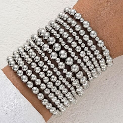 FANDY Silver Beaded Bracelets Set for Women, 3-12Pcs Boho Trendy Simple Stretch Bracelet Stack Ball Beaded Tube Bangle Bracelet Jewelry Set for Gifts in Saudi Arabia