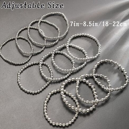 FANDY Silver Beaded Bracelets Set for Women, 3-12Pcs Boho Trendy Simple Stretch Bracelet Stack Ball Beaded Tube Bangle Bracelet Jewelry Set for Gifts in Saudi Arabia