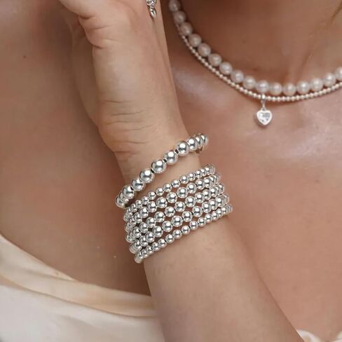FANDY Silver Beaded Bracelets Set for Women, 3-12Pcs Boho Trendy Simple Stretch Bracelet Stack Ball Beaded Tube Bangle Bracelet Jewelry Set for Gifts in Saudi Arabia