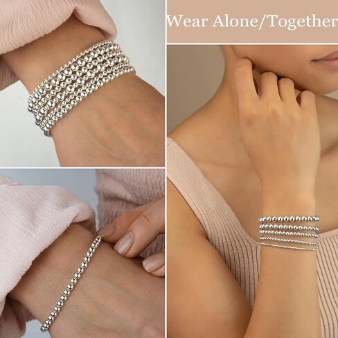 FANDY Silver Beaded Bracelets Set for Women, 3-12Pcs Boho Trendy Simple Stretch Bracelet Stack Ball Beaded Tube Bangle Bracelet Jewelry Set for Gifts in Saudi Arabia