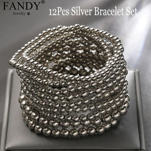 FANDY Silver Beaded Bracelets Set for Women, 3-12Pcs Boho Trendy Simple Stretch Bracelet Stack Ball Beaded Tube Bangle Bracelet Jewelry Set for Gifts in Saudi Arabia