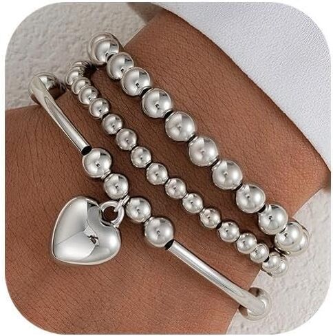 FANDY Silver Beaded Bracelets Set for Women, 3-12Pcs Boho Trendy Simple Stretch Bracelet Stack Ball Beaded Tube Bangle Bracelet Jewelry Set for Gifts in Saudi Arabia