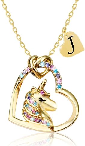Valentines Day Gifts - Unicorn Necklace Gifts for Girls, Gold CZ Heart Unicorn Jewelry Initial Girls Birthday Colorful Heart Necklace Birthday present in Kuwait