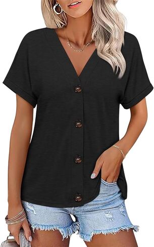 ORANDESIGNE Women's Short Sleeve V Neck Tops Casual Button Down Summer T Shirts Basic Ladies Tees in Saudi Arabia