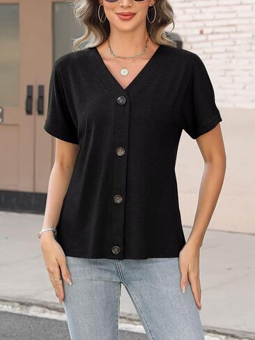 ORANDESIGNE Women's Short Sleeve V Neck Tops Casual Button Down Summer T Shirts Basic Ladies Tees in Saudi Arabia