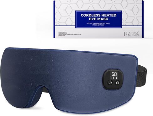 Aroma Season Silk Heated Eye Mask Cordless, 1500mAh Warm Eye Compress for Dry Eyes, Blepharitis, 4 Time Levels and 4 Temperature Settings, Washable (Navy Blue) in Kuwait