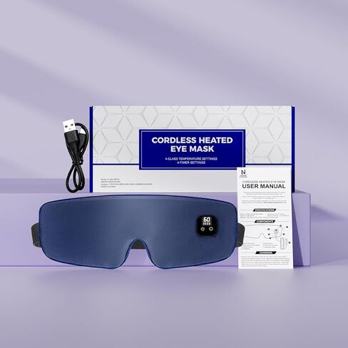 Aroma Season Silk Heated Eye Mask Cordless, 1500mAh Warm Eye Compress for Dry Eyes, Blepharitis, 4 Time Levels and 4 Temperature Settings, Washable (Navy Blue) in Kuwait