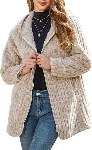 Womens Fleece Jacket Hooded Winter Warm Full Zip Long Sleeve Sherpa Jacket Coat Outerwear with Hood (S-5XL) in Saudi Arabia