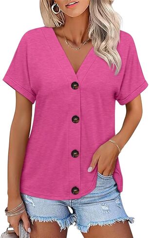 ORANDESIGNE Women's Short Sleeve V Neck Tops Casual Button Down Summer T Shirts Basic Ladies Tees in Saudi Arabia