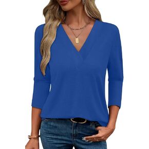 Bliwov Womens Spring Summer Tops V Neck 3/4 Sleeve Outfits Loose Fit Soft Blouses Business Casual Basic Plus Size T Shirts