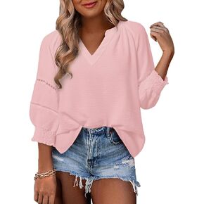 Dokotoo Womens Summer Tops 3/4 Lantern Sleeve Disual V-teac Thirts pleate rolay tunic hollow-out out